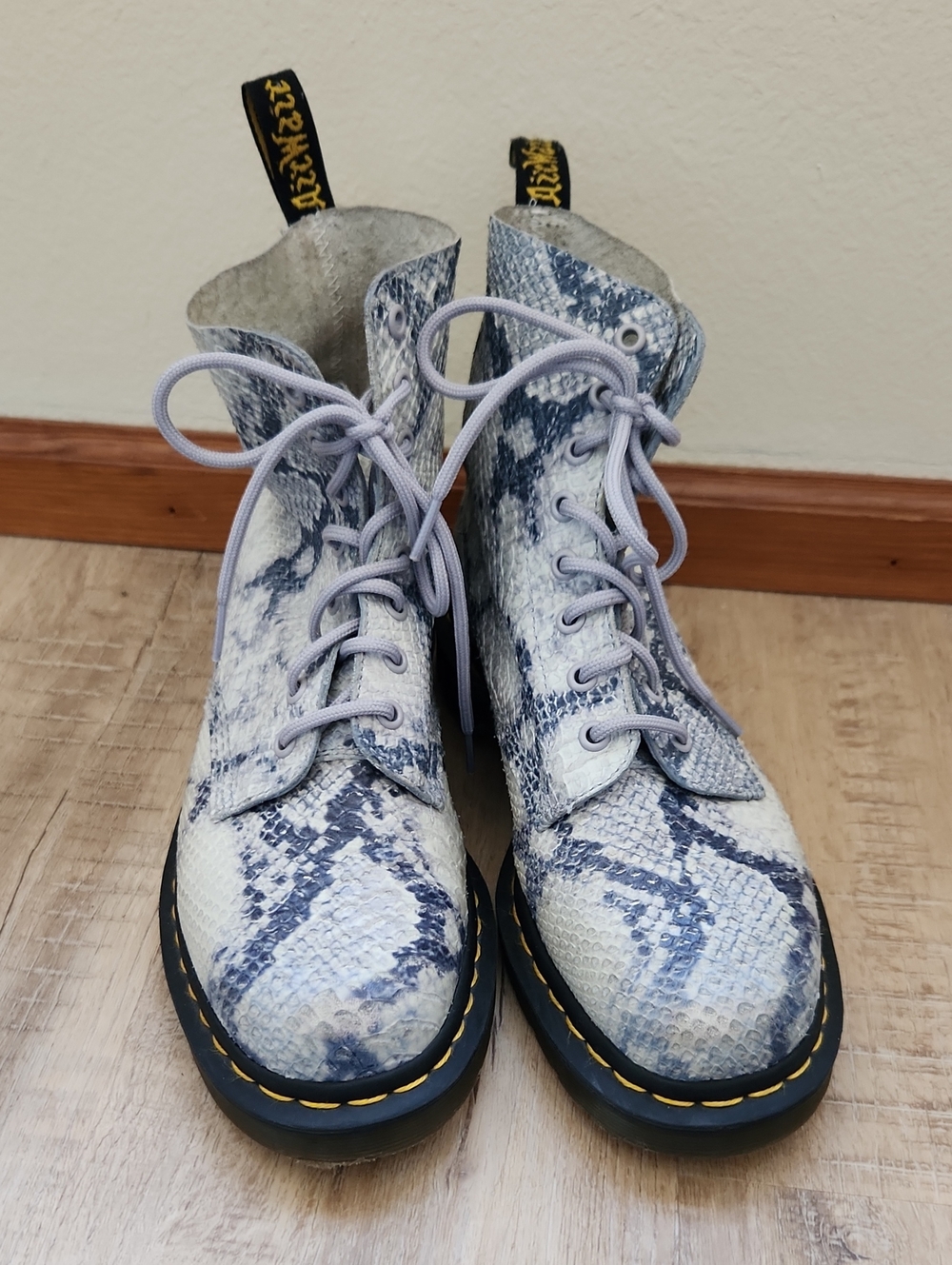 Dr. Martens 1460 Snake-Print Lace-Up Boots in White and Grey